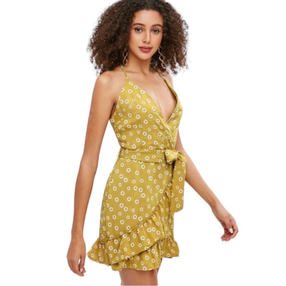 NWT Yellow Gold Floral Tweed Ruffle Surplice Waist Tie Belted Mini Dress - Picture 8 of 9